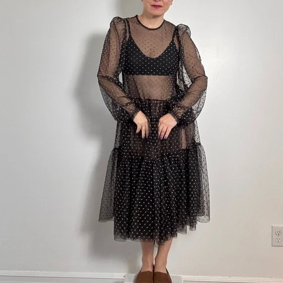 Sheer Black and Tan Polka Dot Maxi Dress - Size M - Picture 12 of 13